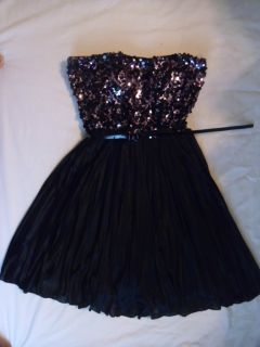 Womens as U Wish Pink Blk Sequin Top w Blk Pleated Bottom Sleeveless 