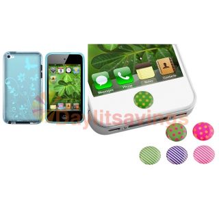 Dots Home Button Sticker Clear Blue TPU Flower Case for iPod Touch 4 
