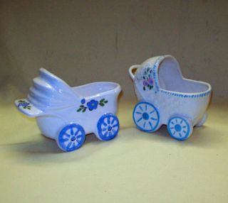 Ceramic Baby Carriage Pram Figurine Cat Basket Planter