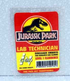 description jurassic park id badge measures approximately 4 inches x 2 