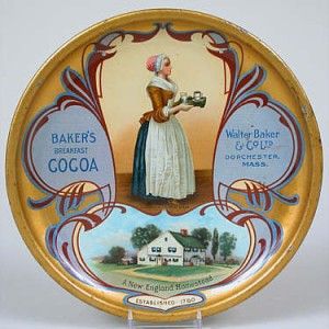 BAKERS BREAKFAST COCOA SMALL ROUND TIN TIP TRAY WITH GRAPHIC OF LA 