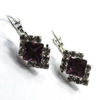Sterling Silver Filled 925 Earrings Purple Crystal Lady Leverback 
