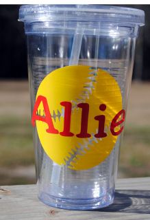 Personalized Softball baseball acrylic cup with lid and straw