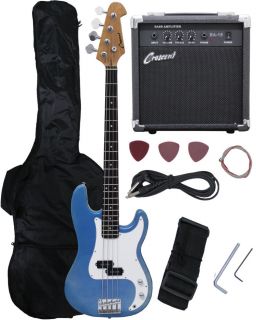   Crescent BLUE CHROME Electric Bass Guitar Combo+Strap+Gigbag+15w AMP
