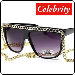 Flat Top 80s Retro Frame with Gold Chain Womens Wayfarer Sunglasses