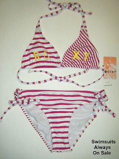 ROXY NWT girl swimsuit size 16 triangle top tie side bottom PINK WHITE 