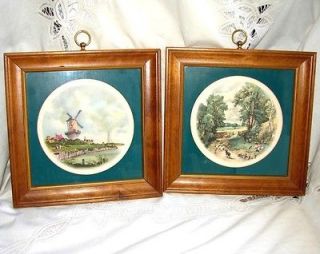 Vintage Pair Framed PRINTS, Pastoral Scene w/ Windmill, Boy, Sheep 