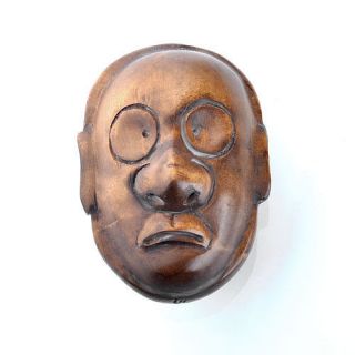 Japanese Carving Sculpture Boxwood Wood Netsuke Sign two side Mask