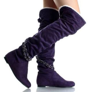 Purple Suede Faux Shearling Chain Slouch Womens Flat Thigh High Boots 
