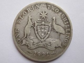 1921 Australian One Florin   Two Shilling   Silver Rare gFine
