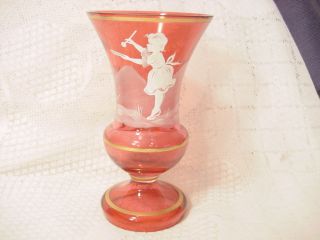 Old Mary Gregory Cranberry Glass Footed Vase Little Girl Making 