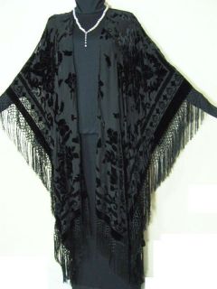 Caftan Duster Fringe Jacket Kimono Opera Coat Black Burnout Velvet 