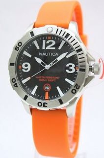 New Nautica Men BFD 101 Diver Orange Rubber Band Date Watch 45 mm 