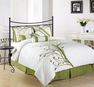 7pcs Flocking Green Tree on White Comforter Set Bed in a Bag Queen 