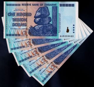 100 trillion zimbabwe dollars x 5 bank notes circulated one