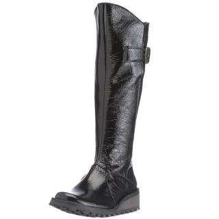 Fly London Womens Yush Black Patent New Leather Long Boots Shoes