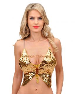Sexy Club Rave Gogo Gold Sequin Butterfly Top Open Criss Cross Back 