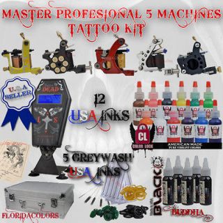 Complete Master Tattoo Kit 5 Machine Set 17 Full sz US Ink Coffin 