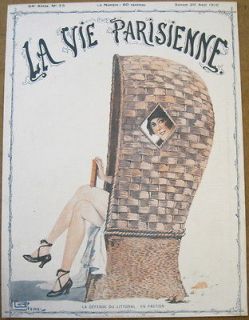 LEONNEC 1916 Vie Parisienne Print ART DECO GIRL SITS IN HUGE WICKER 