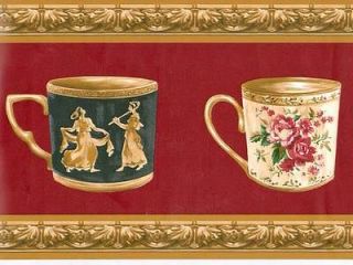   Ornate Victorian Gold   Red Tea Cups 45 feet Wallpaper Border 373