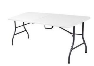 White Sturdy Rectangular 5 or 6 Foot Long Center Fold Table Versatile 