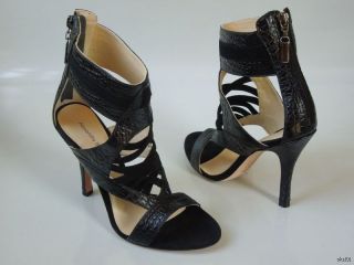 New $565 Alexandre Birman Black Croco Open Toe Back Zipper Heels Shoes 
