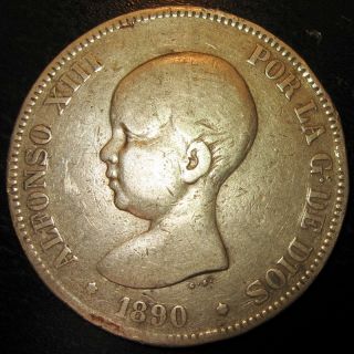 1890 Alfonso XIII Spanish Silver 5 Pesetas
