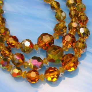 Vintage 3 Multi Strand Necklace Chunky Topaz Yellow AB Crystal Beads 