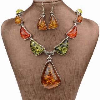 Amber Elegant Gem Baltic Silver Earrings Necklace Pendant Jewelry Set 