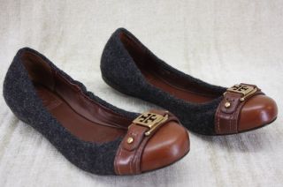 New Tory Burch Ambrose Ballet flat Grey Flannel Brown cap toe shoes 