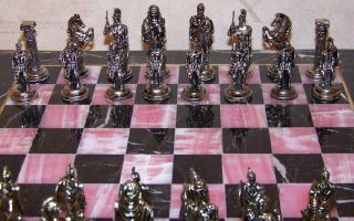 18 Square Marble & Onyx Board Large Ancient Roman Metal Figures Chess 