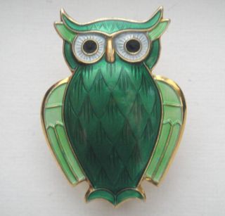 David Andersen OWL Sterling Silver Brooch GREEN Enamel with Original 