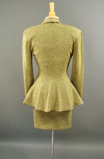 Vtg Gold Metallic Peplum Jacket Blazer Mini Bodycon Dress Set Avant 