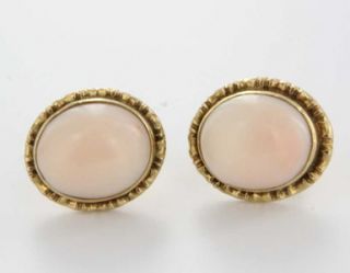 Vintage 14k Yellow Gold Angel Skin Coral Button Stud Earrings Estate 
