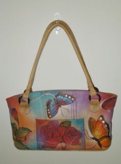 Anna by Anuschka Tan Leather Painted Butterfly Rose Shoulder Bag Purse 