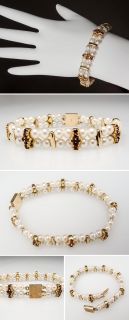 Vintage Pearl & Garnet 7 Inch Bead Bracelet Solid 14K Gold Fine Estate 