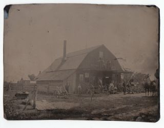 Antique Old Tintype Photo Barn Blacksmith Horse Wagon Plow Tools Men 