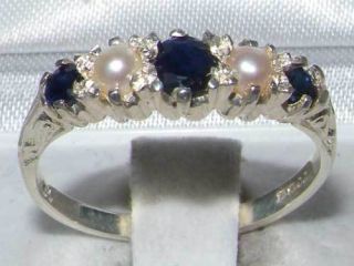 Antique Sterling Silver Natural Sapphire Pearl Ring with English 