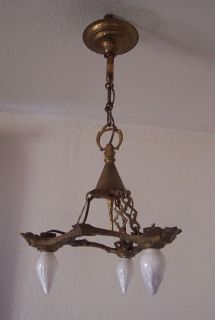 Antique Vtg Spanish Revival Hammered Brass Chandelier 3 Light 1920s 