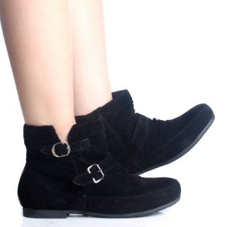 Flat Ankle Boots Winter Black Slip on Buckle Velvet Womens Booties 