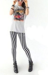 Vertical Stripe Leggings Pants Tight Stretchy Black White Trousers 