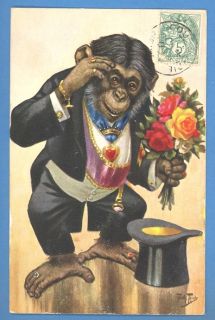 Art Signed Arthur Thiele Monkey in Clothes Vintage PC
