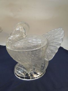ANTIQUE BOHEMIAN CZECH PRESSED GLASS TURKEY COVERED DISH CANDY JAM 