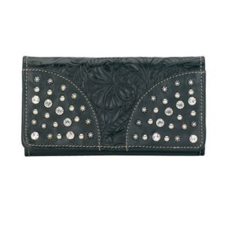 american west crystals black tooled leather flap wallet