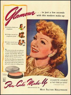 1943 vintage ad for Max Factor, Pan Cake Makeup, Claudette Colbert 