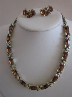 Vintage Lisner Necklace Earrings Set Topaz Aurora Borealis Rhinestones 