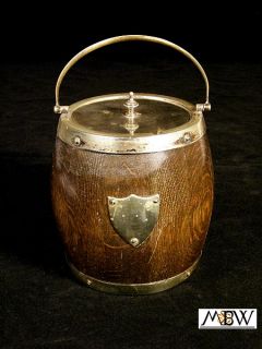 Vintage English EPNS Wooden Barrel Cookie Jar Container