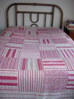 POTTERY BARN PATCHWORK QUILT CRANBERRY RED TAN TICKING STRIPE FULL 