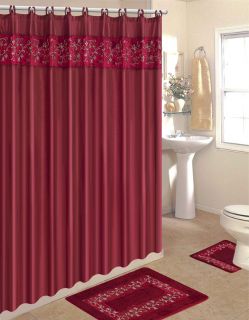   Embroidered 15 Pcs Bathroom Shower Curtain Hooks Bath Rug Set