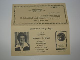 Bicentennial Design Ingot Adams Mint 1oz Silver Bar Certificate of 
